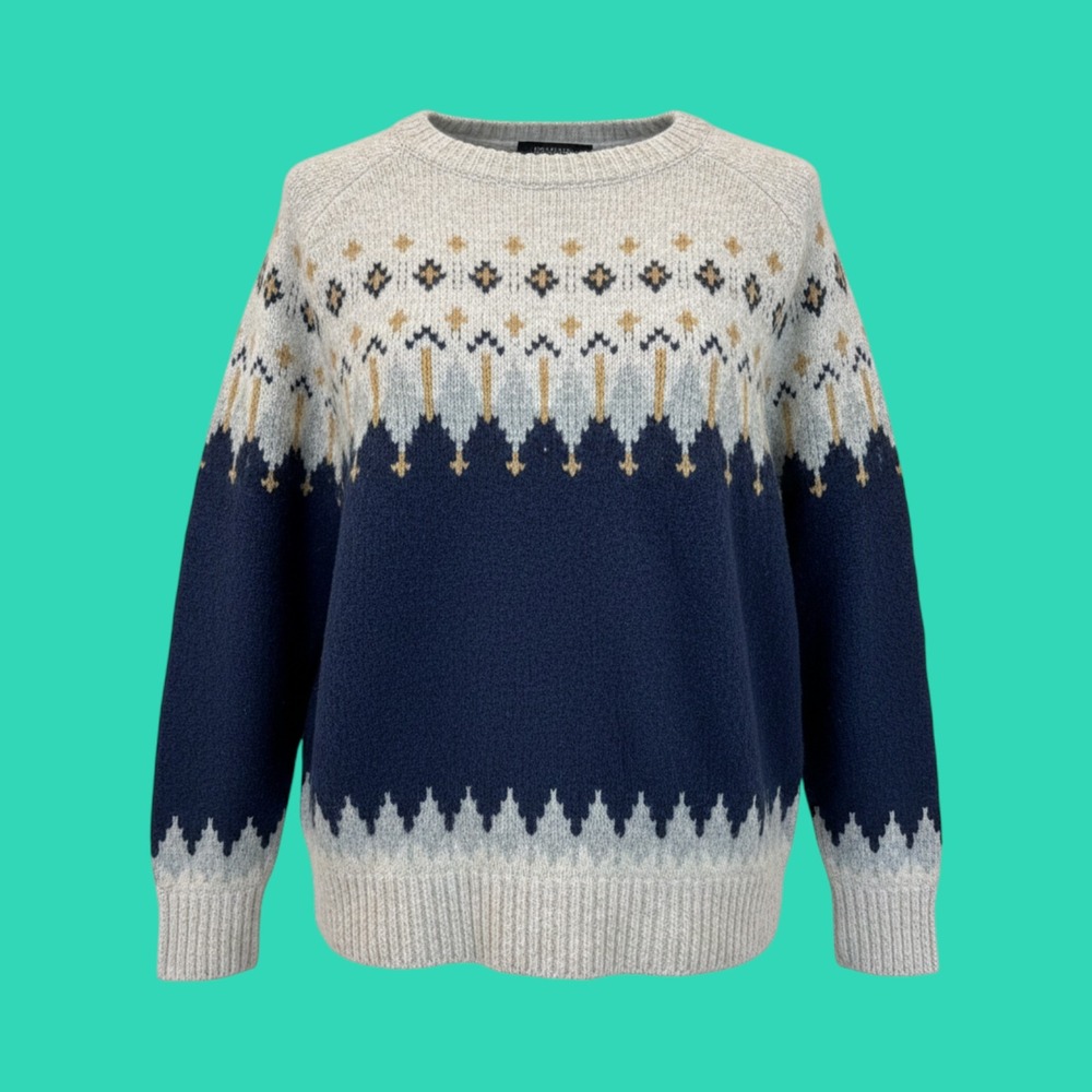 John Paul Richard Sweater Womens M Navy Grey Fair Isle Crewneck Excellent H1026